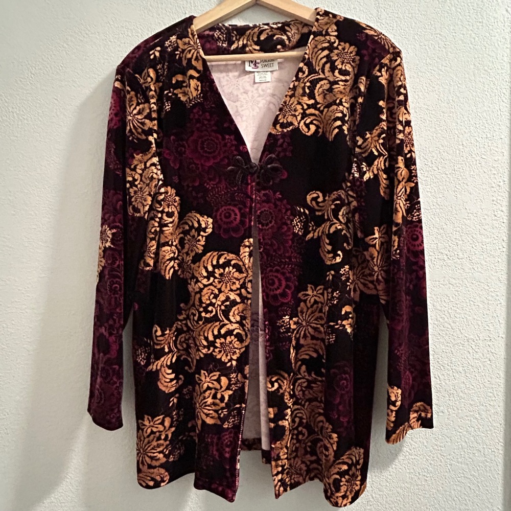Maggie Sweet Womens‎ Velvet Floral Kimono Jacket Burgundy Gold Medium